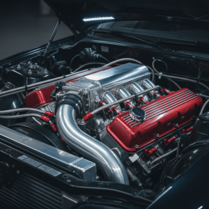 An ultra-detailed, photographic close-up of a tuned streetcar engine bay, filled edge-to-edge with performance parts: a polished aluminum intake manifold, braided steel fuel lines, anodized fittings in deep red and black, and a massive front-mounted intercooler pipe snaking through the scene. The valve cover is a bold satin red with a subtle metallic flake that catches the light. Cool white LED strip lighting under the hood creates crisp, clinical illumination, making every bolt and texture pop while casting minimal, sharp shadows. The background fades to soft darkness beyond the fenders. The atmosphere is bold, technical, and obsessive, celebrating the precision and power that define serious street performance builds.