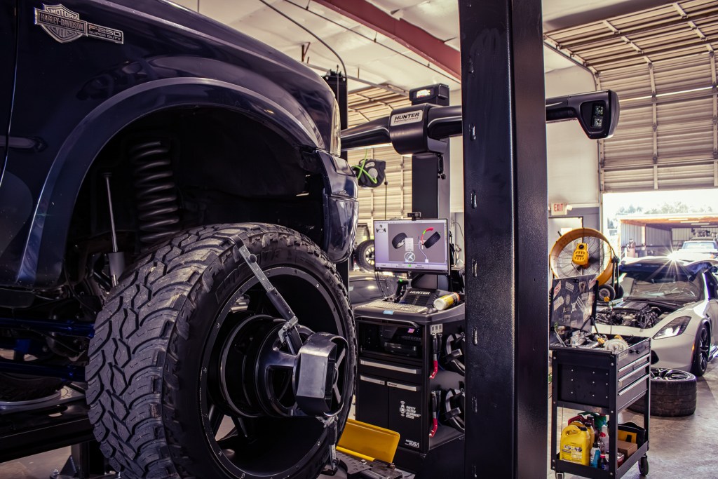Wheel alignment rig mounted on a lifted truck at StreeTechniques