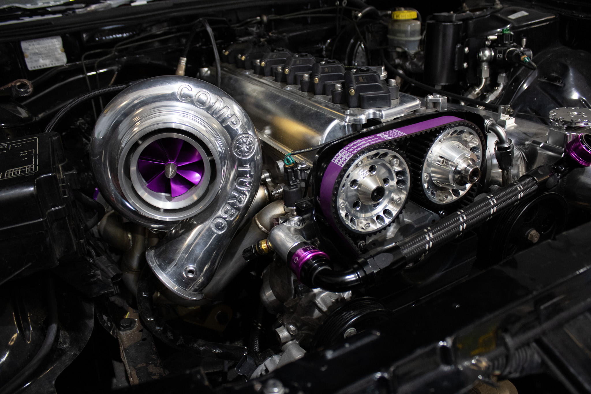 Comp Turbo and purple timing belt on a built engine at StreeTechniques